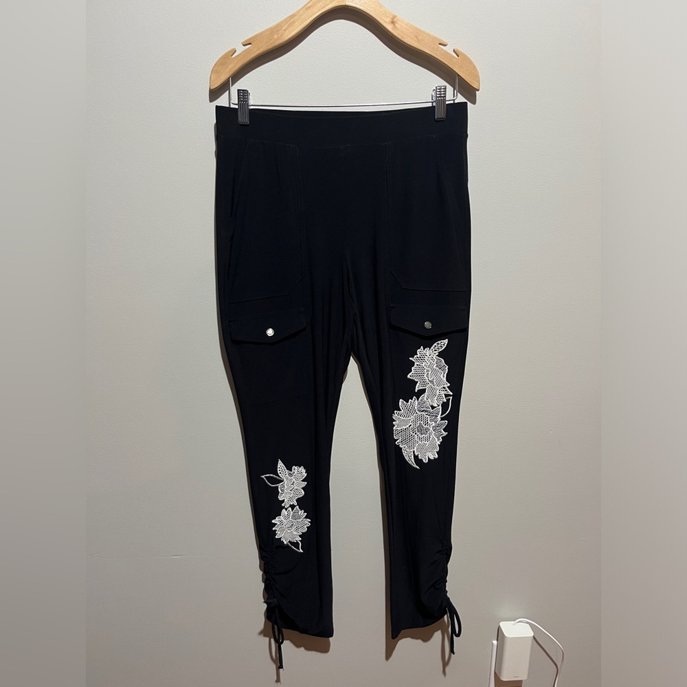 White House Black Market, Straight Black Pants with White Embroidery